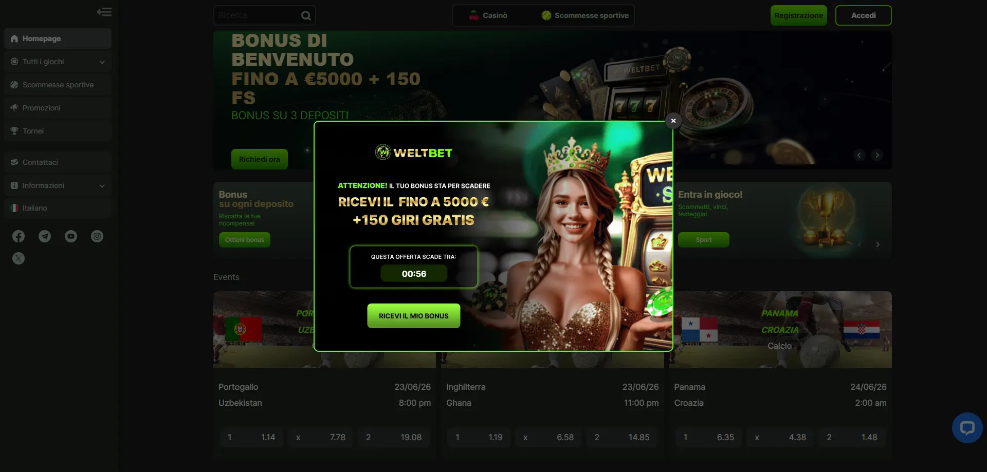 WeltBet Casino bonus di benvenuto 100% fino a 500 euro per italiani